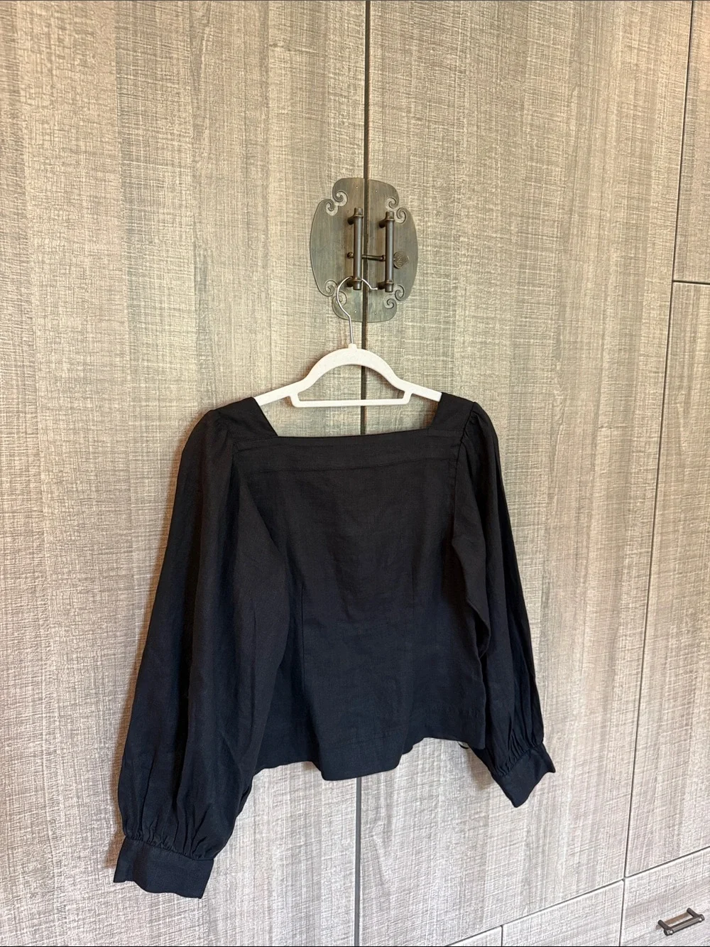 J. Crew Black Square-Neck Button Front Puff Sleeve Blouse In Linen